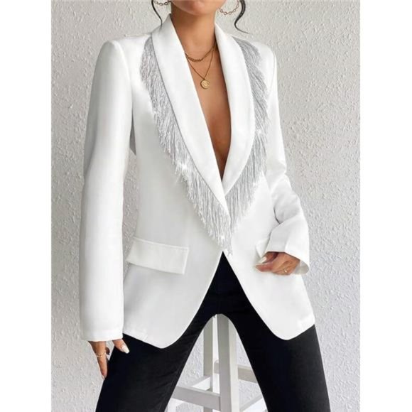 Fringe Trim Plunging Neckline Blazer- White - Picture 1 of 6